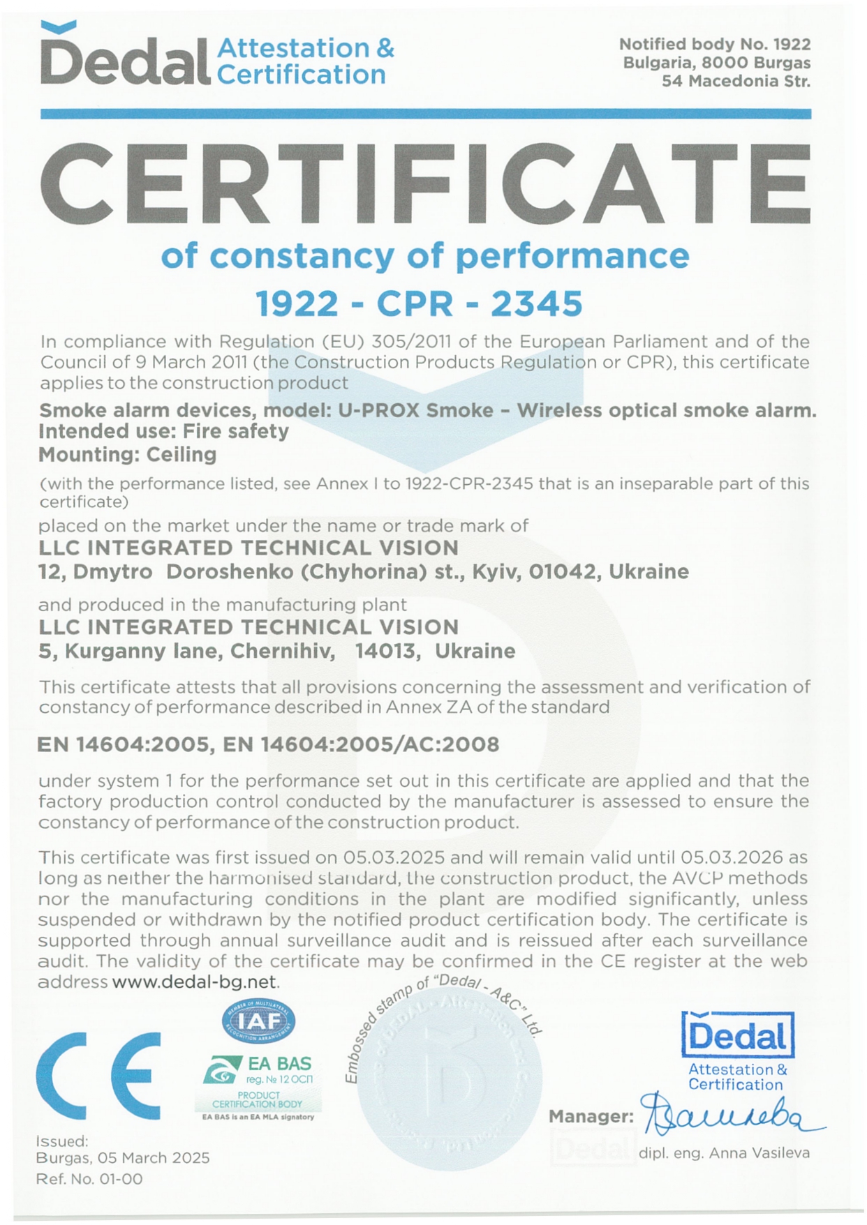 Certificate compliance with Regulation (EU) 305/2011