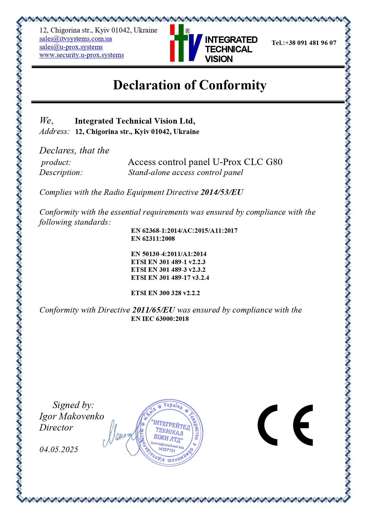 Declaration<br>U-PROX CLC G80