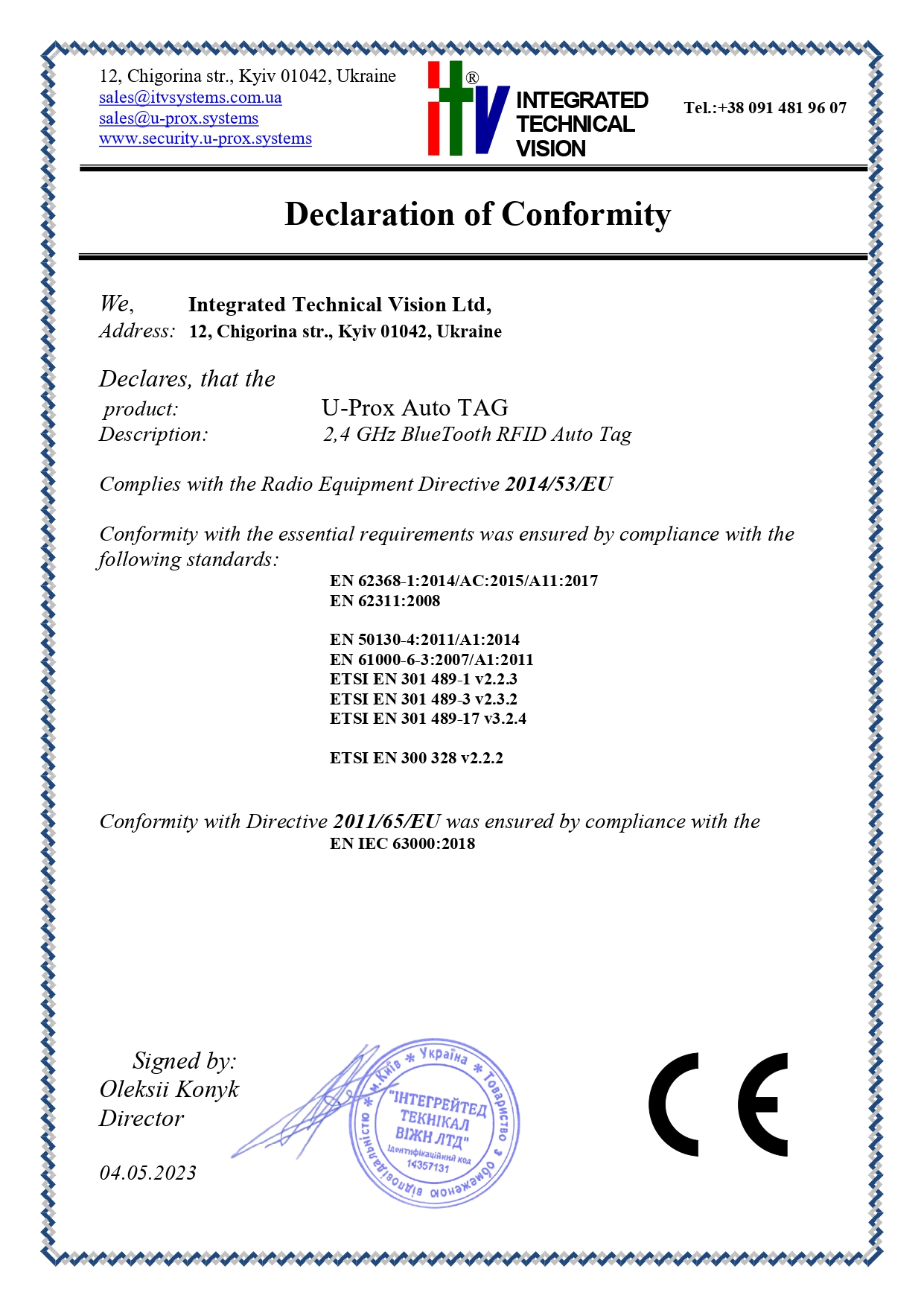 Declaration<br>U-PROX AUTO TAG
